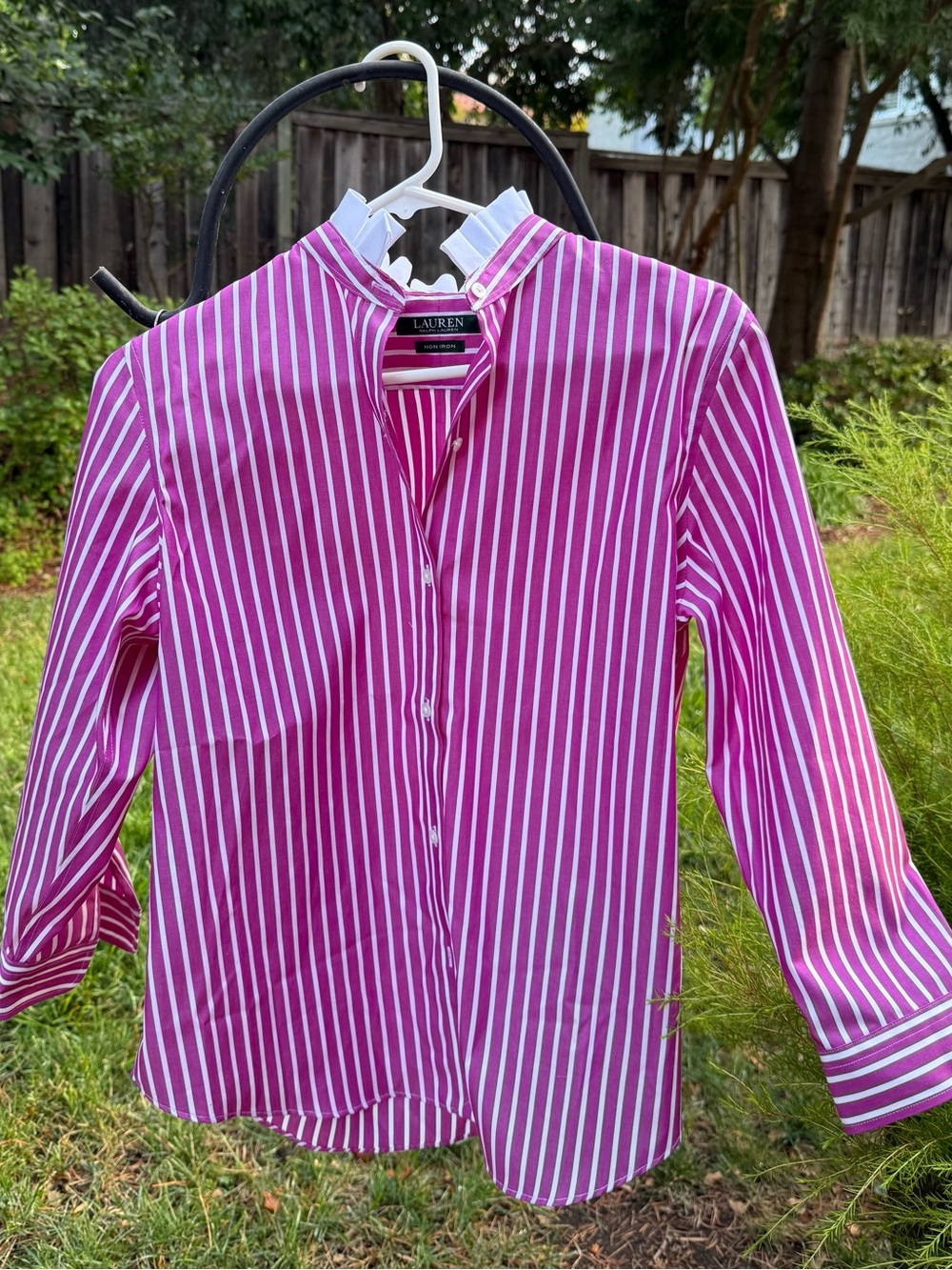Altered Ralph Lauren Berry Striped Ruffle Collar Button Shirt 3/4 sleeves, Med